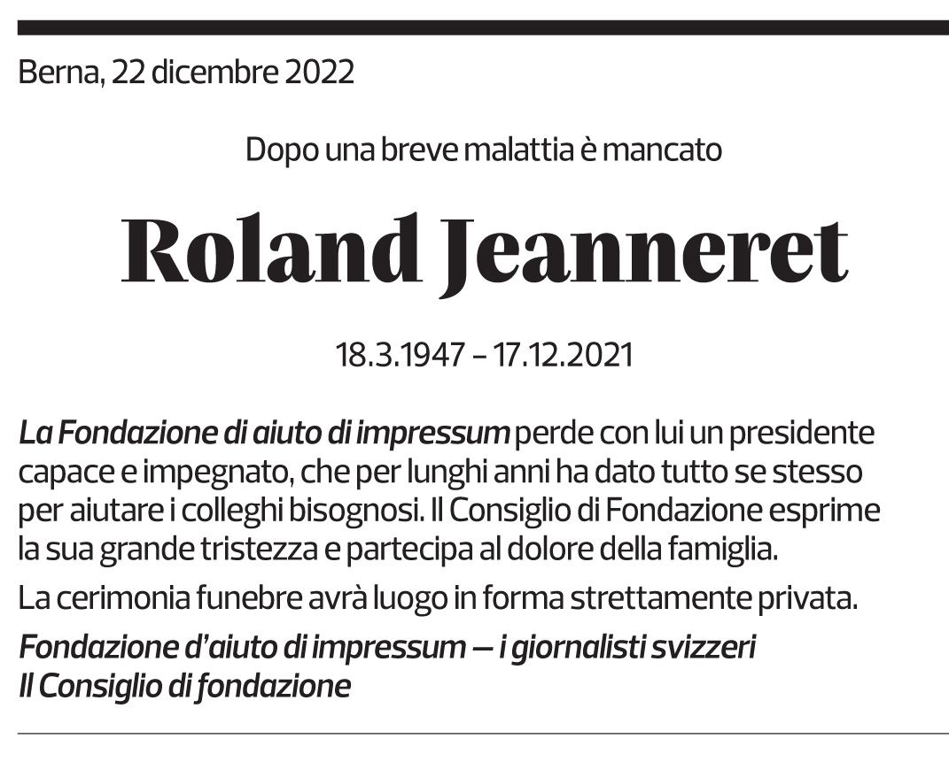 Annuncio funebre Roland Jeanneret