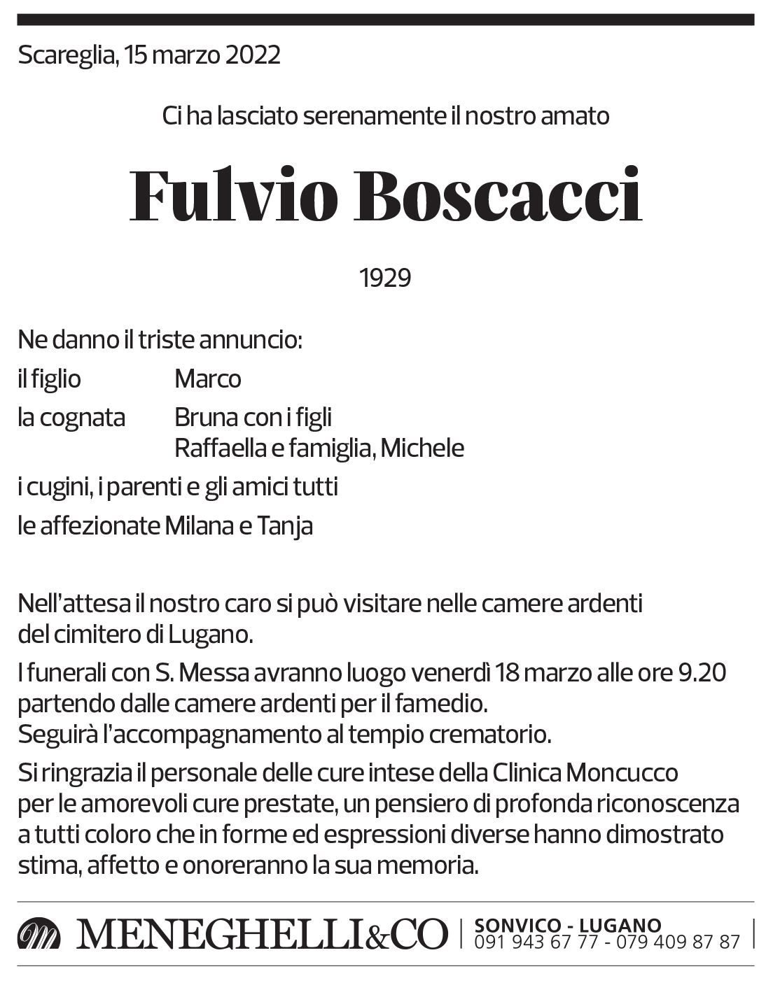 Annuncio funebre Fulvio Boscacci