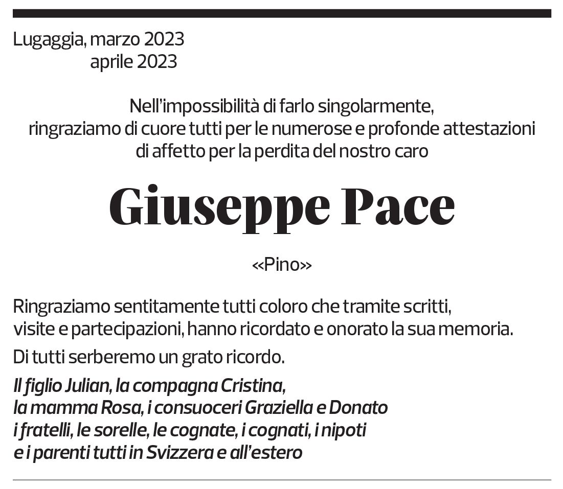 Annuncio funebre Giuseppe Pace