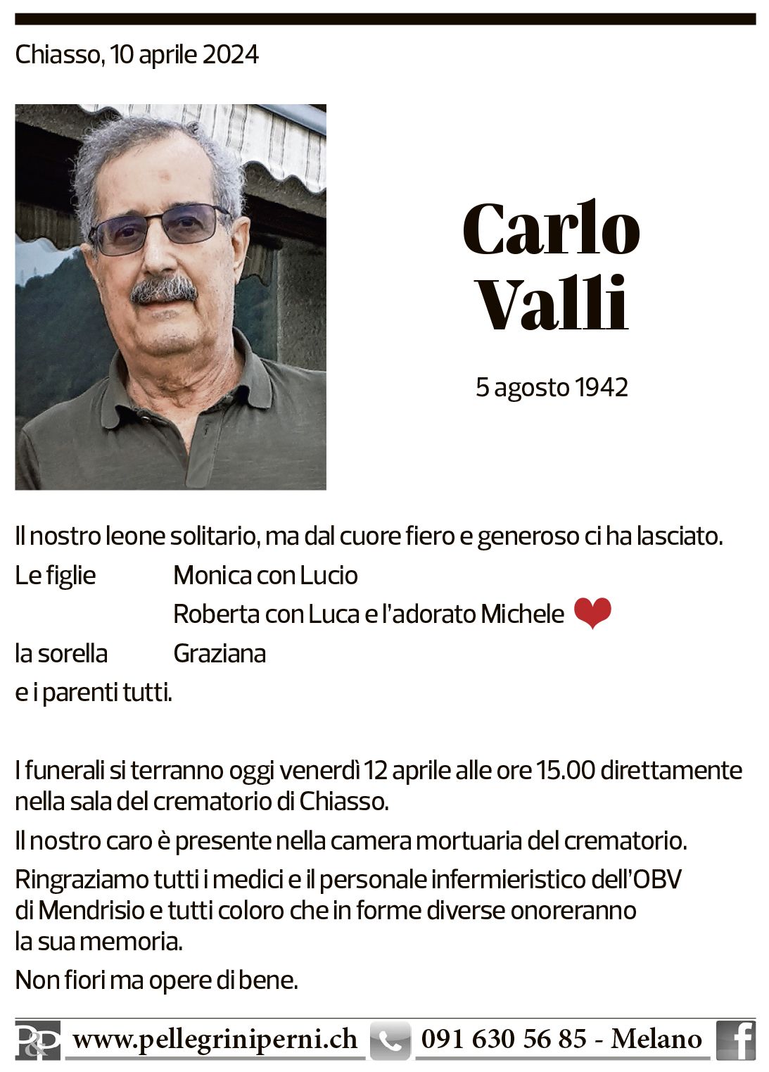 Annuncio funebre Carlo Valli