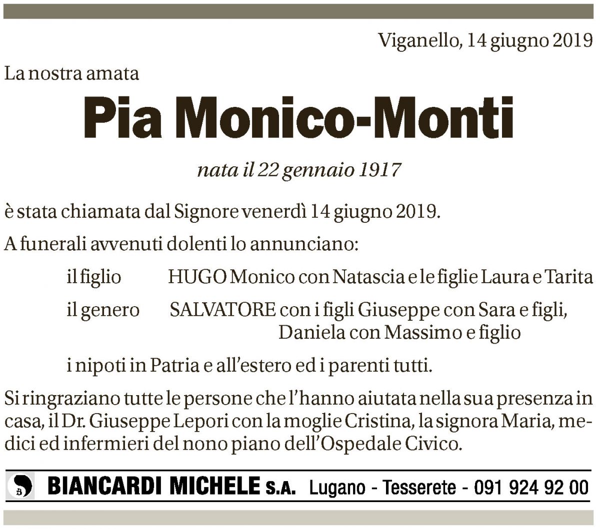 Annuncio funebre Pia Monico - Monti
