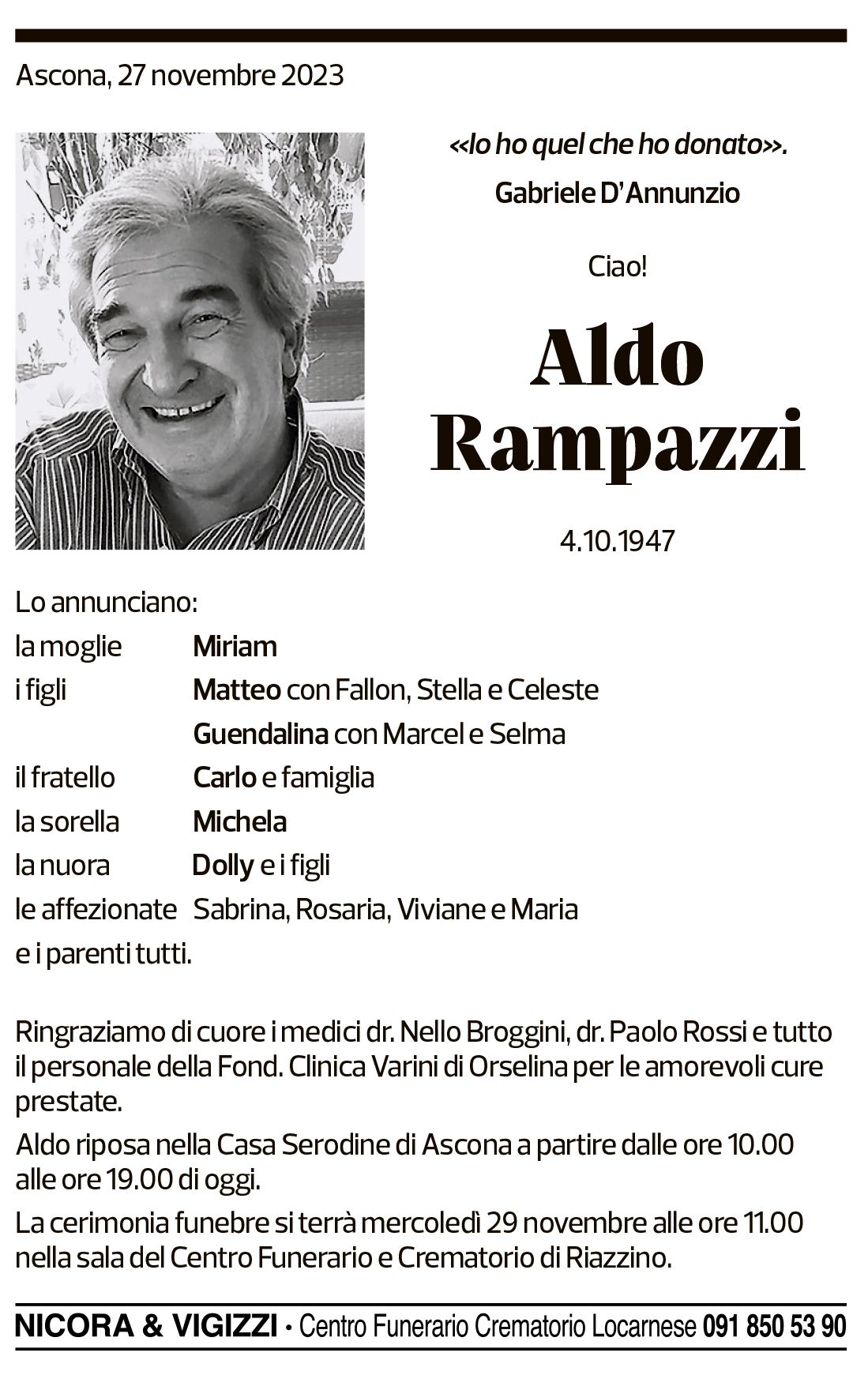 Annuncio funebre Aldo Rampazzi