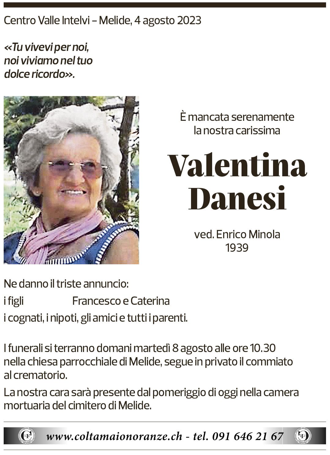 Annuncio funebre Valentina Danesi