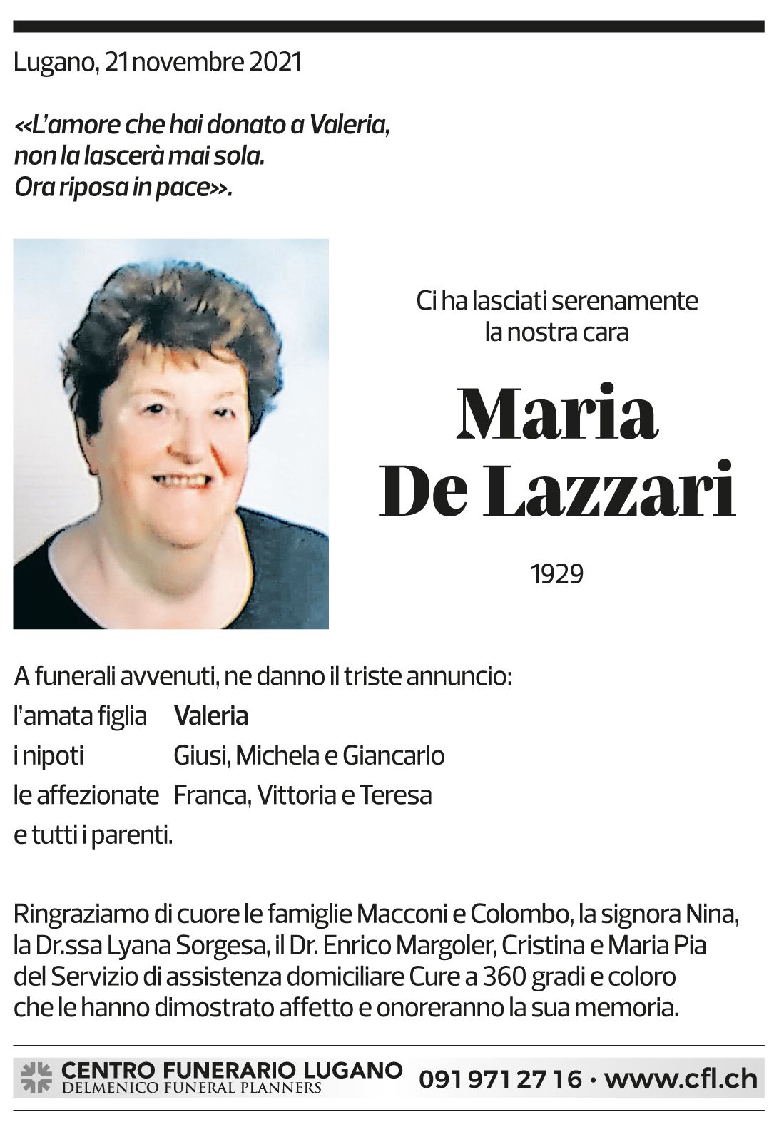 Annuncio funebre Maria De Lazzari