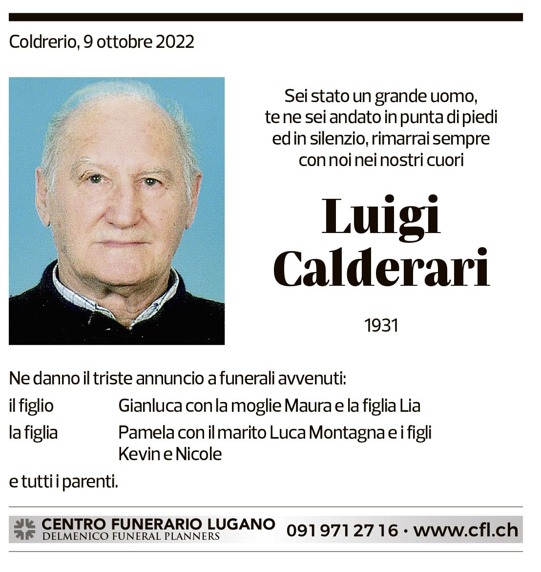 Annuncio funebre Luigi Calderari