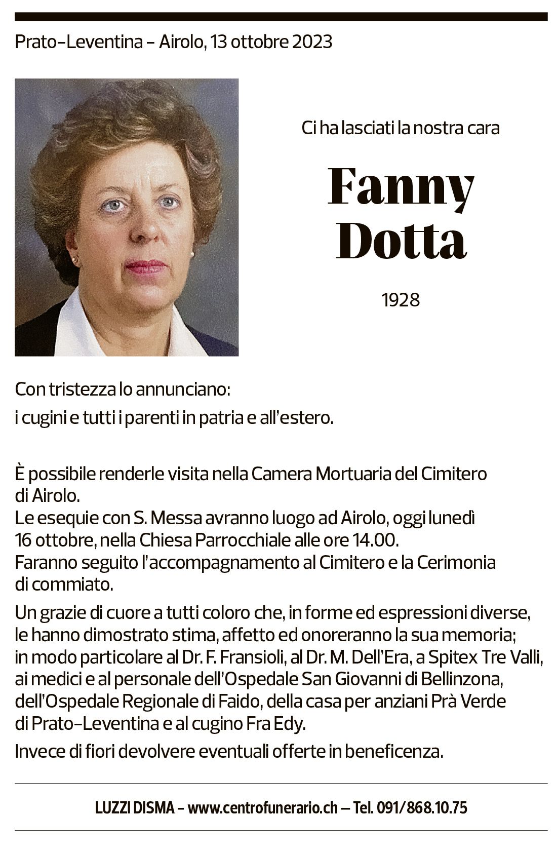 Annuncio funebre Fanny Dotta