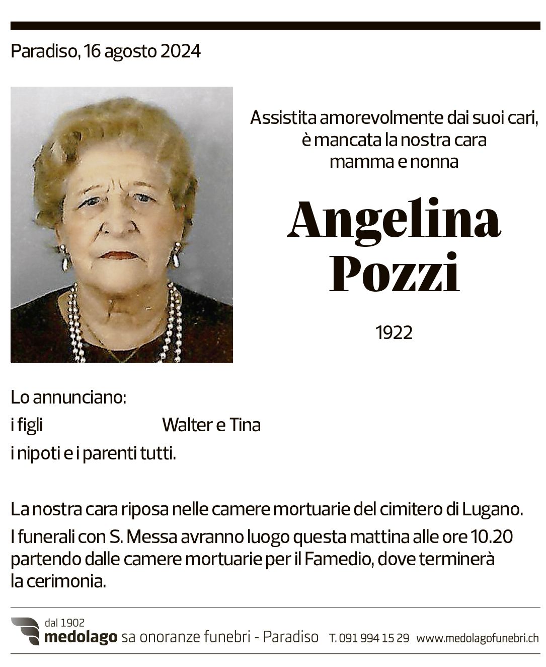 Annuncio funebre Angelina Pozzi