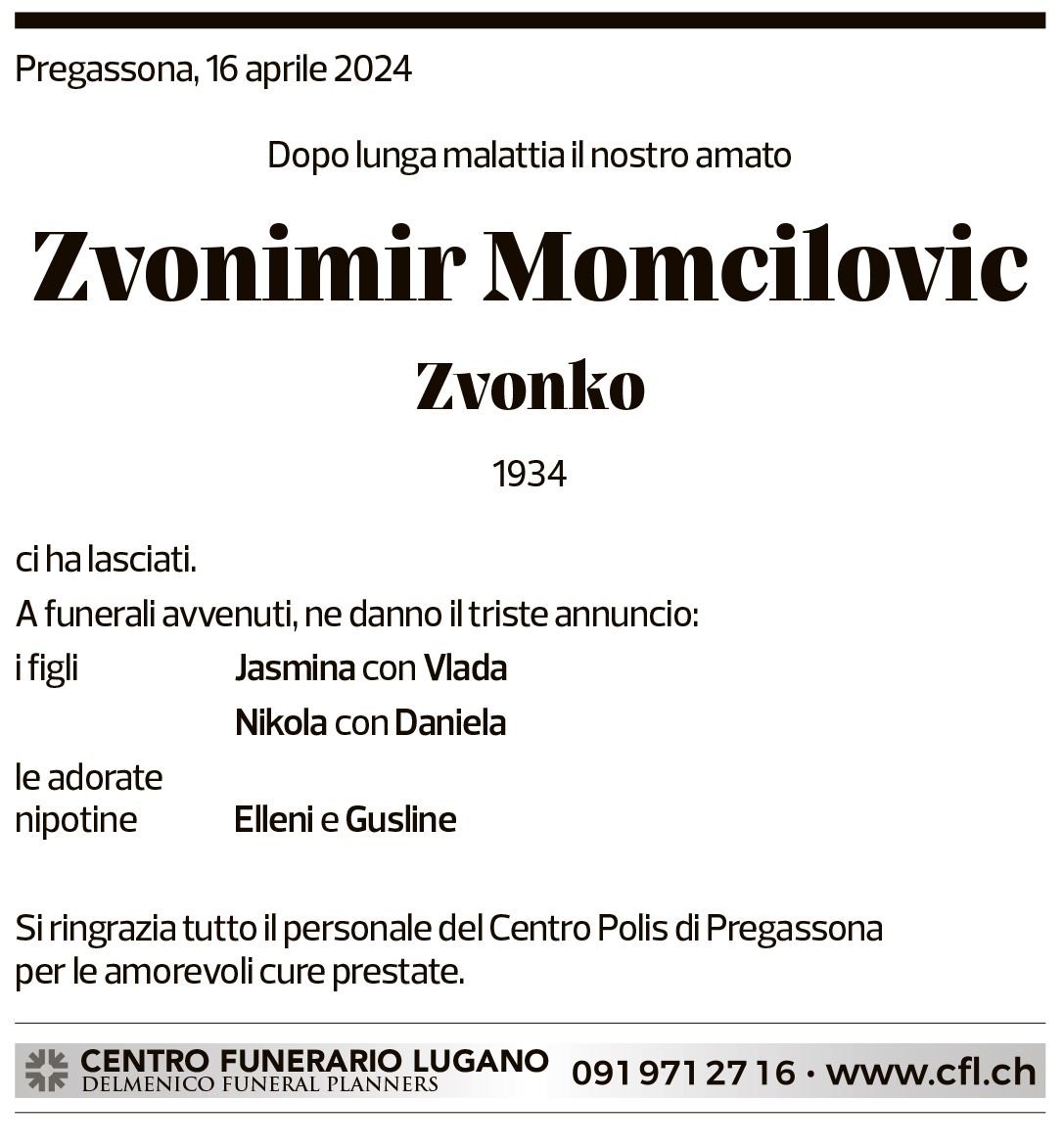 Annuncio funebre Zvonimir Momcilovic