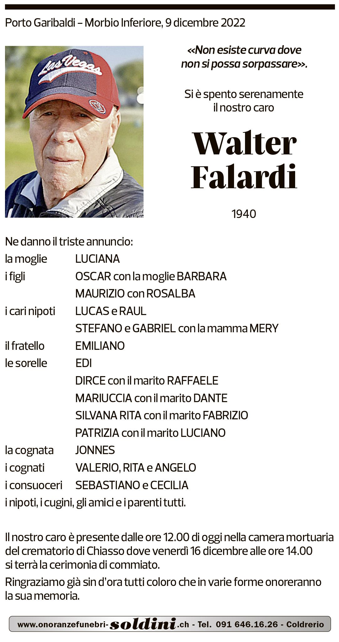 Annuncio funebre Walter Falardi