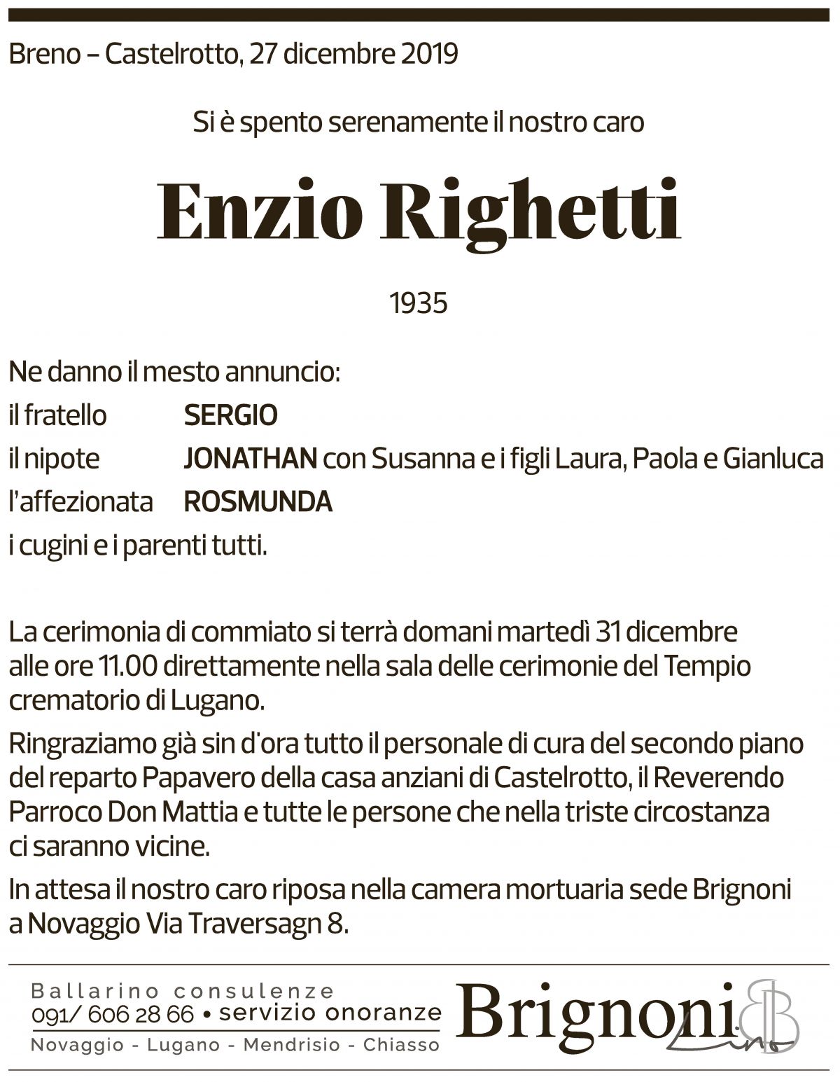 Annuncio funebre Enzio Righetti
