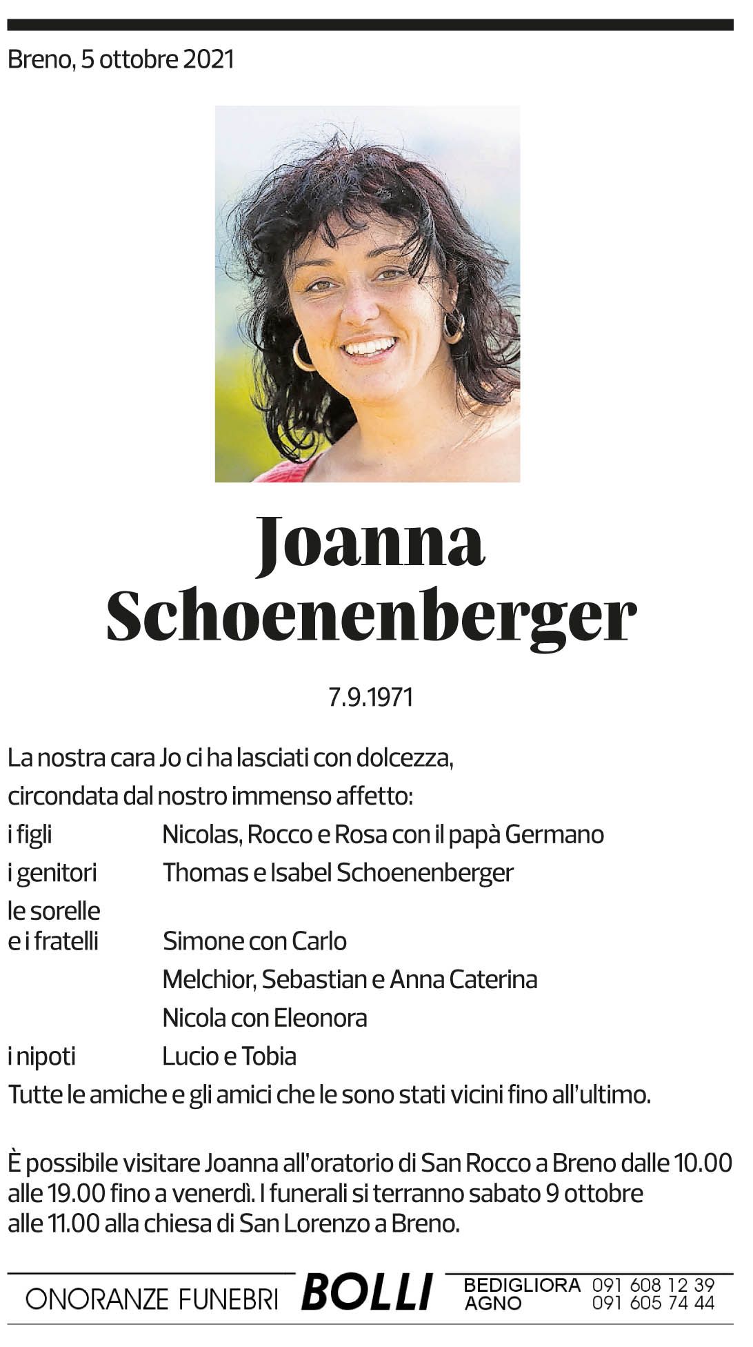 Annuncio funebre Joanna Schoenenberger