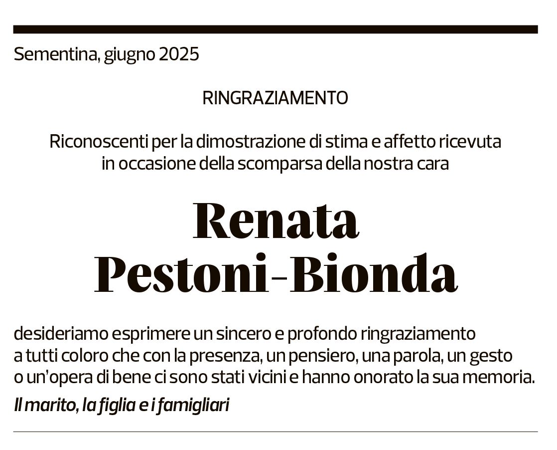 Annuncio funebre Renata Pestoni-bionda