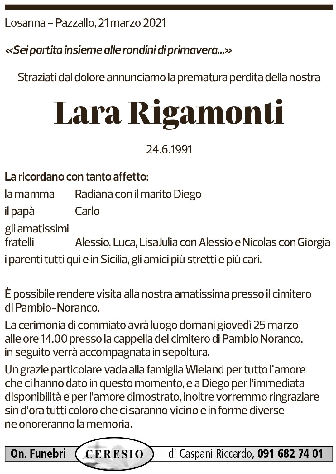 Annuncio funebre Lara Rigamonti