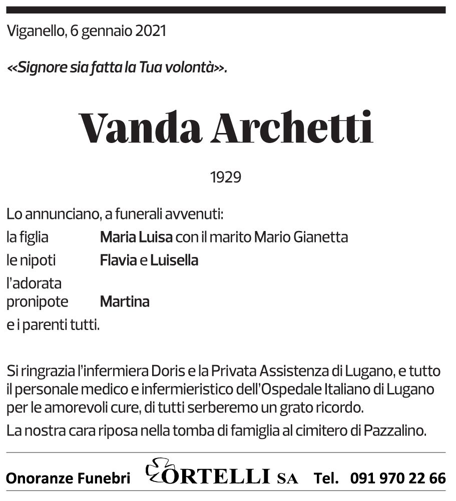 Annuncio funebre Vanda Archetti