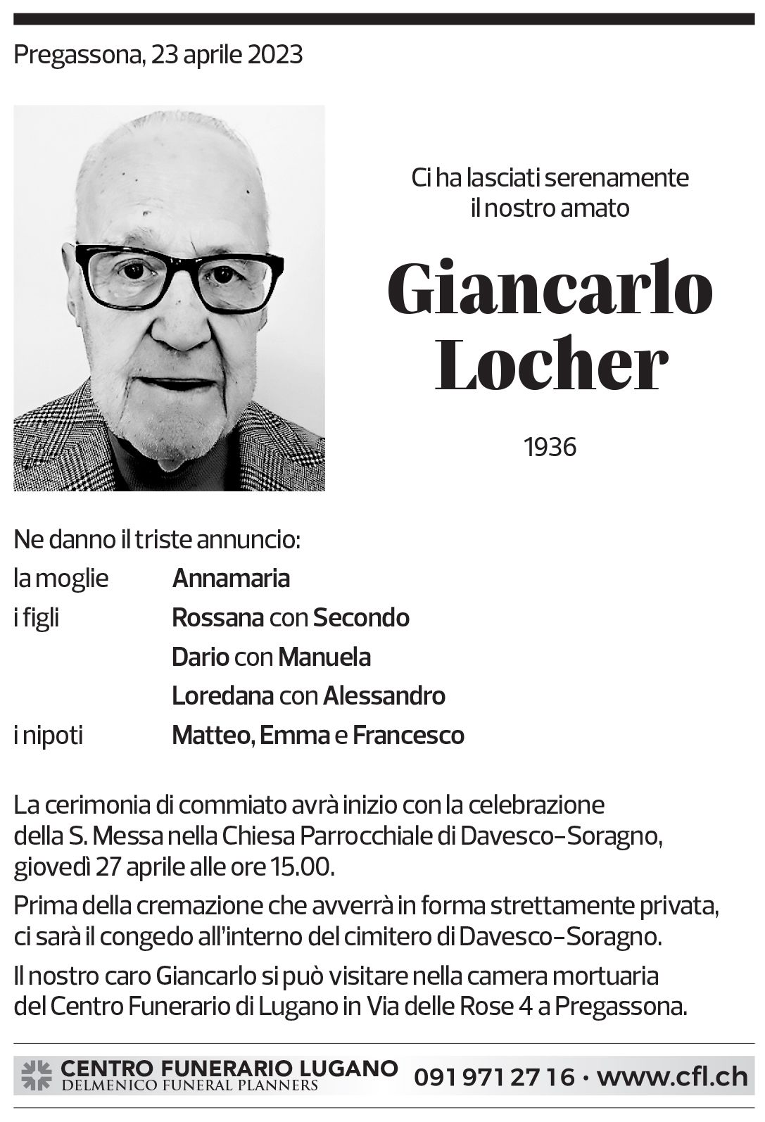 Annuncio funebre Giancarlo Locher