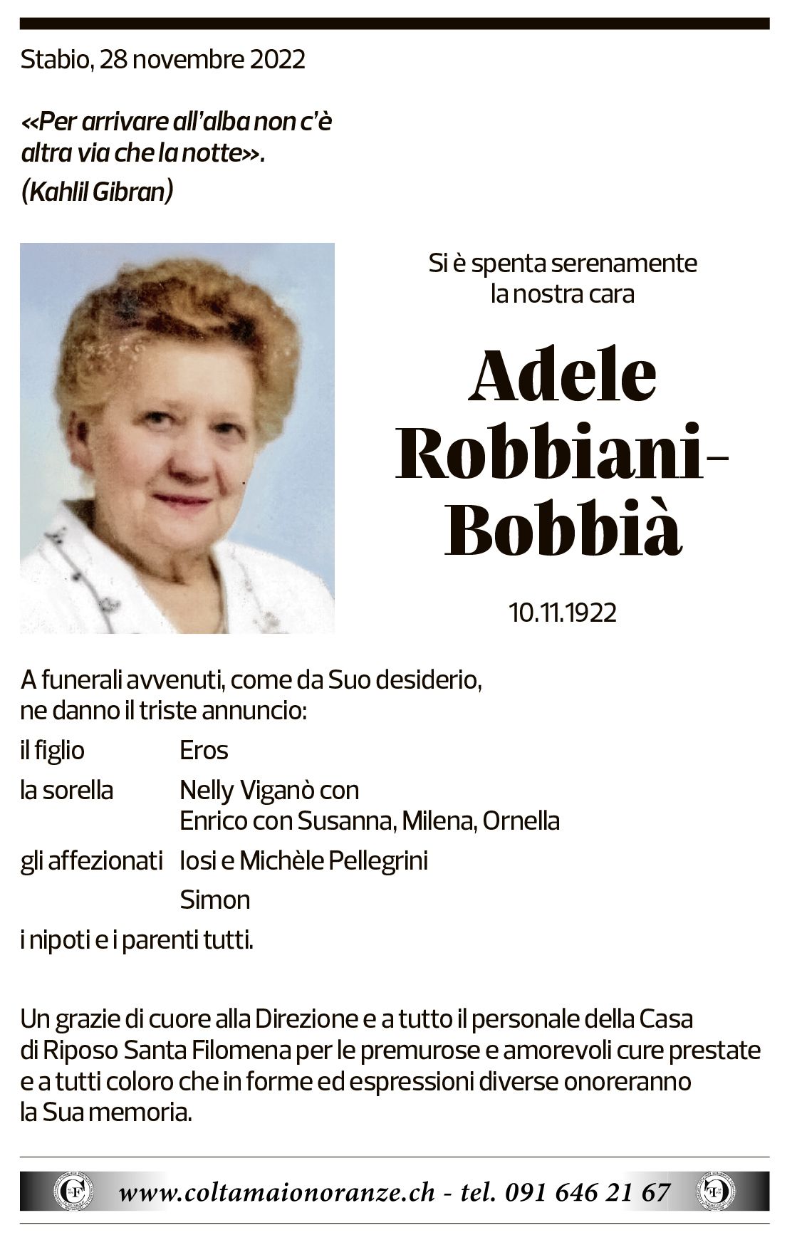 Annuncio funebre Adele Robbiani-bobbià