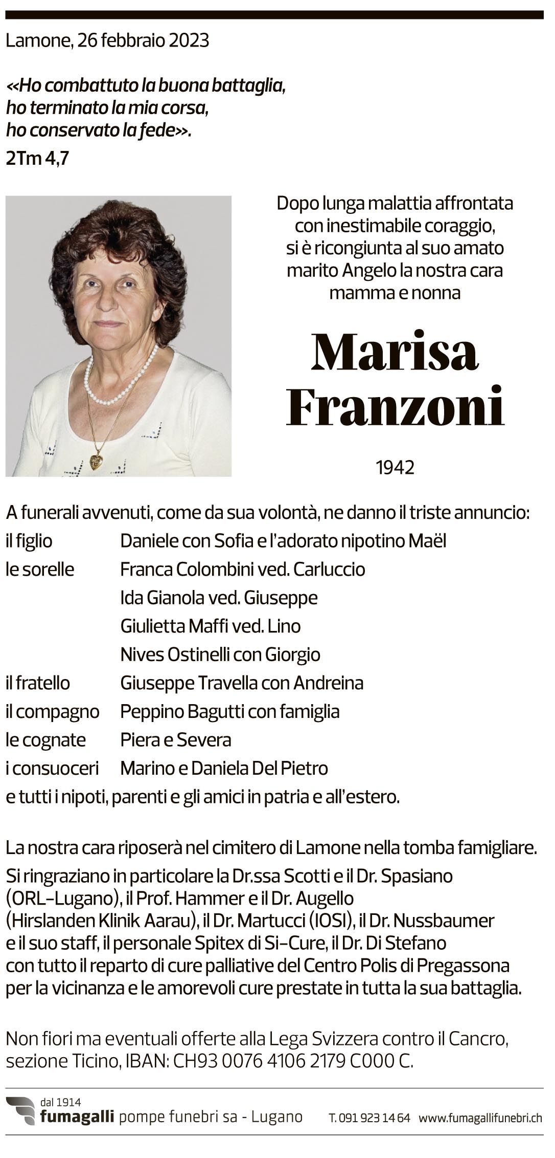 Annuncio funebre Marisa Franzoni