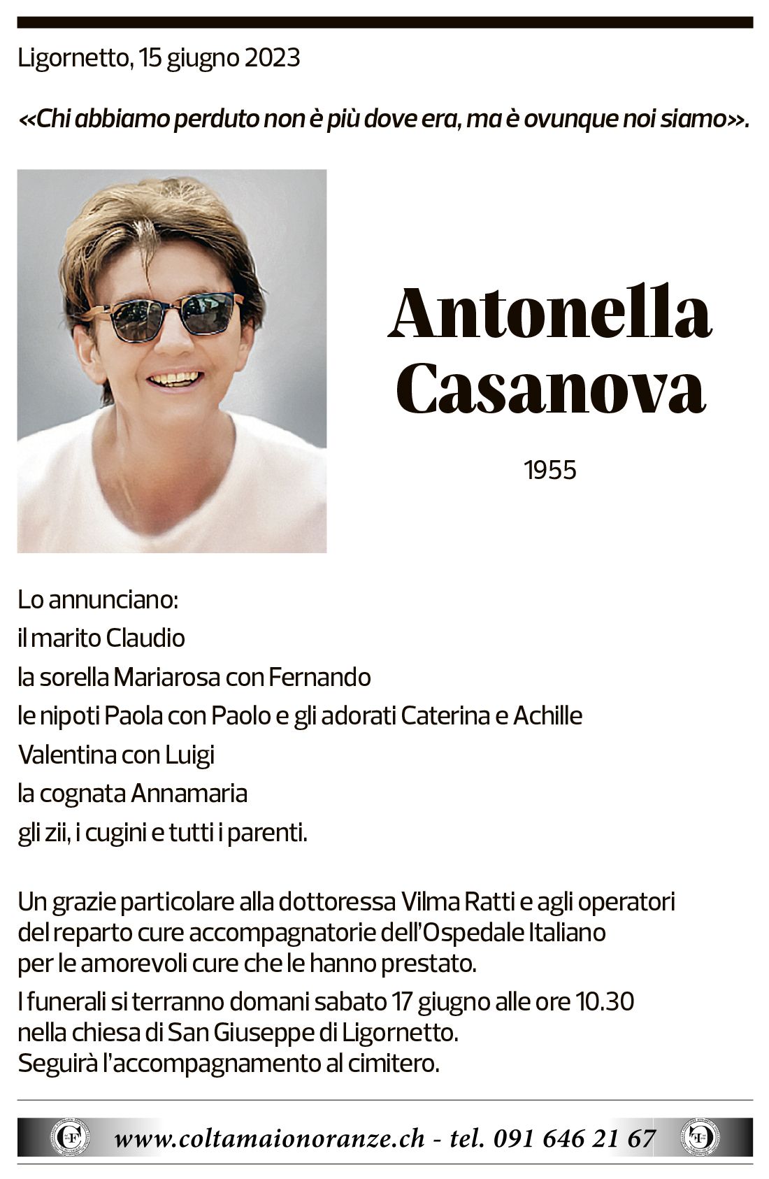 Annuncio funebre Antonella Casanova