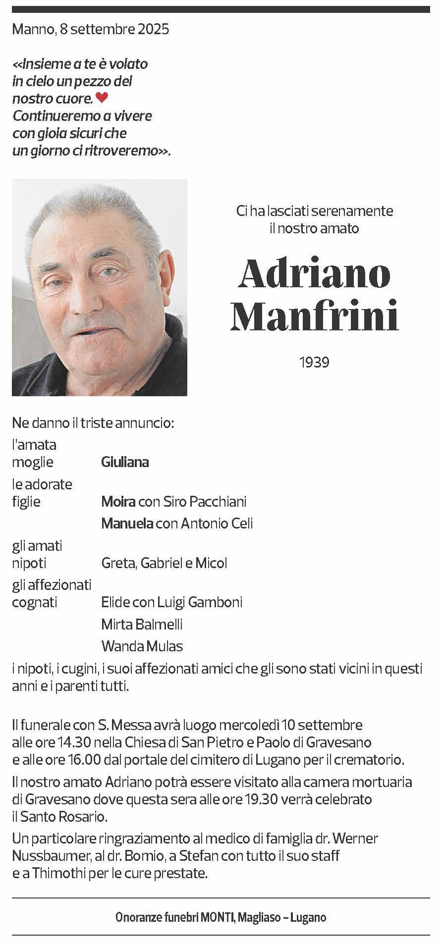 Annuncio funebre Adriano Manfrini