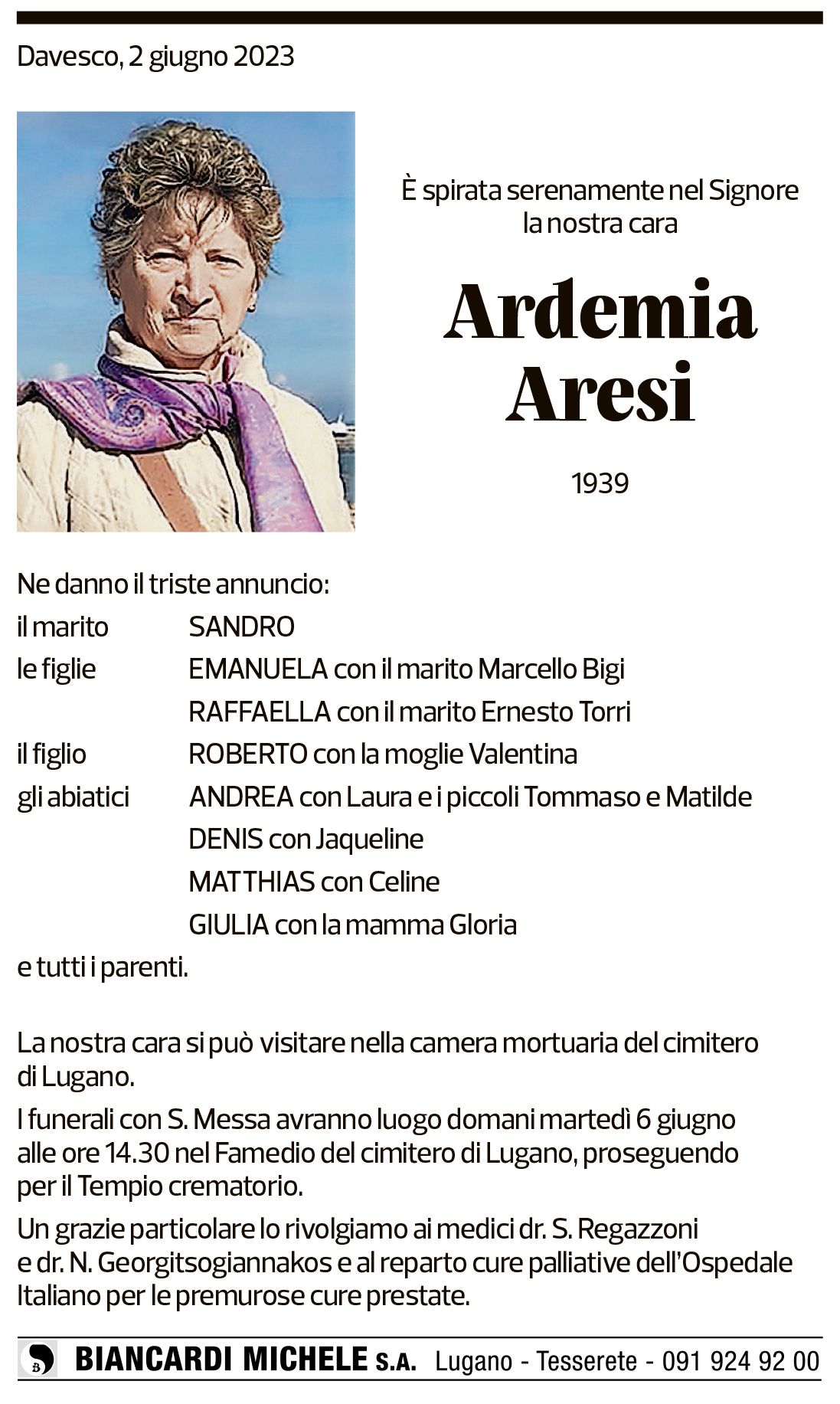 Annuncio funebre Ardemia Aresi