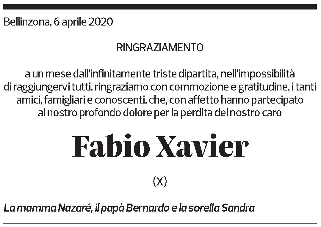 Annuncio funebre Fabio Xavier
