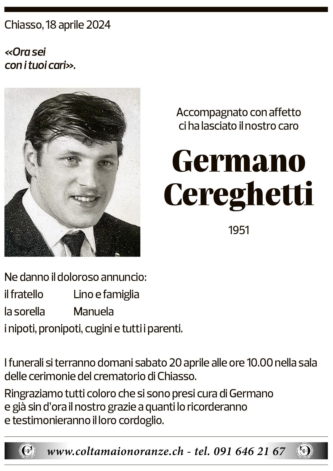 Annuncio funebre Germano Cereghetti