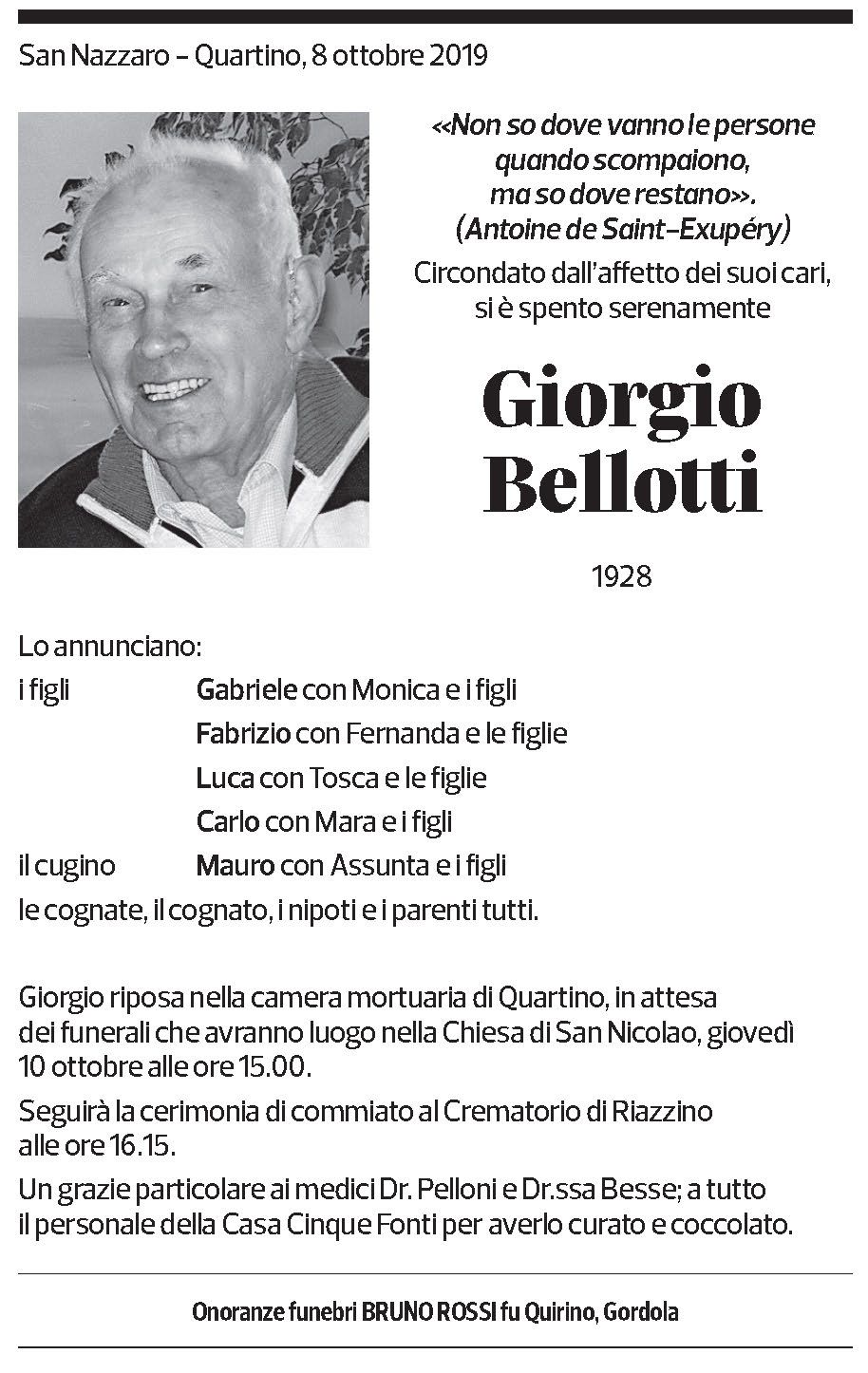 Annuncio funebre Giorgio Bellotti