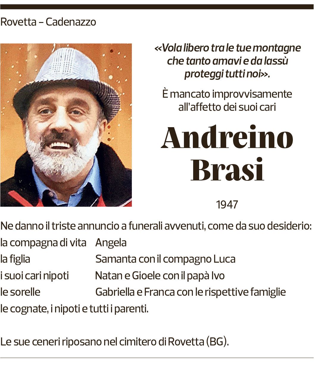 Annuncio funebre Andreino Brasi