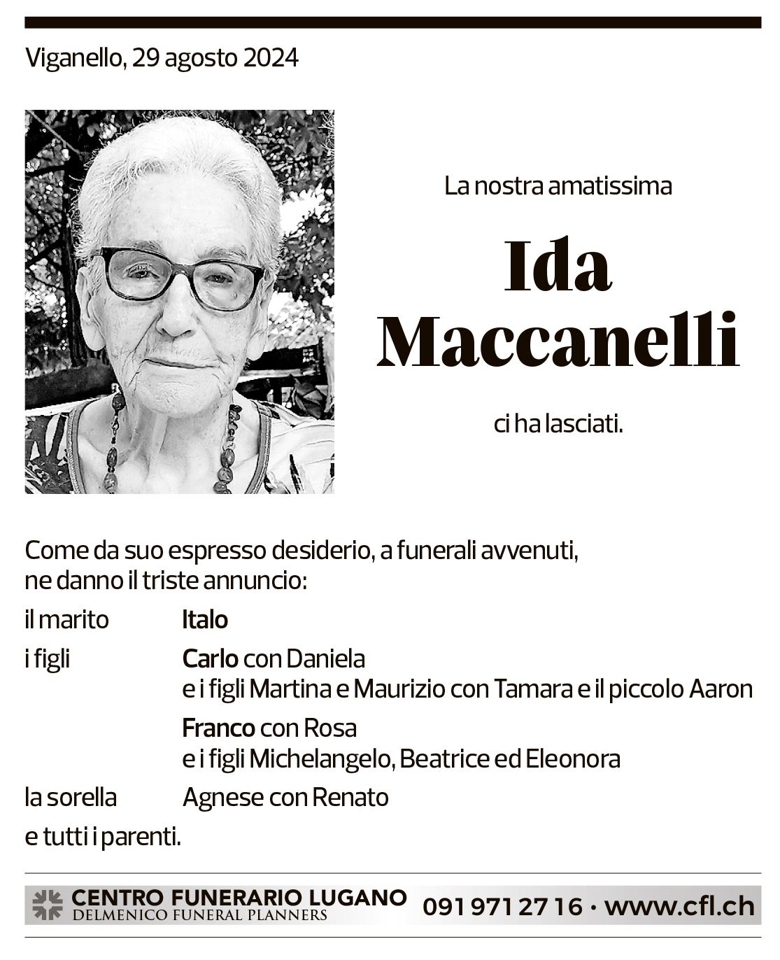 Annuncio funebre Ida Maccanelli