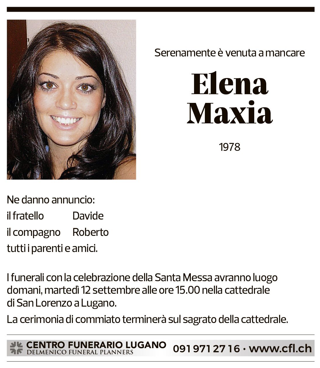 Annuncio funebre Elena Maxia