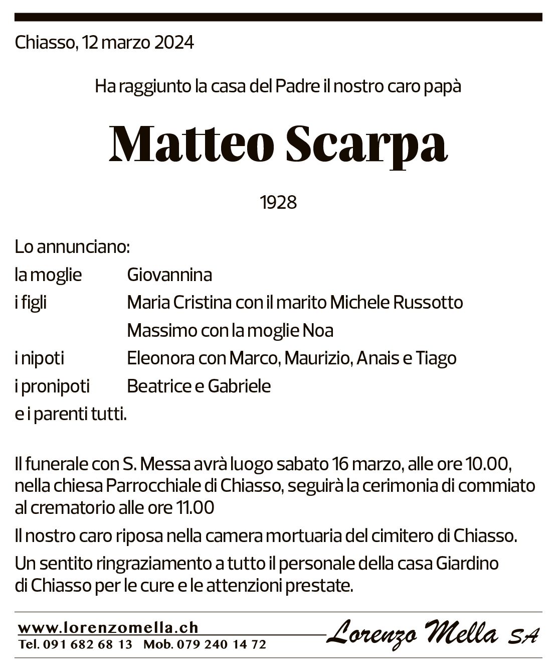 Annuncio funebre Matteo Scarpa