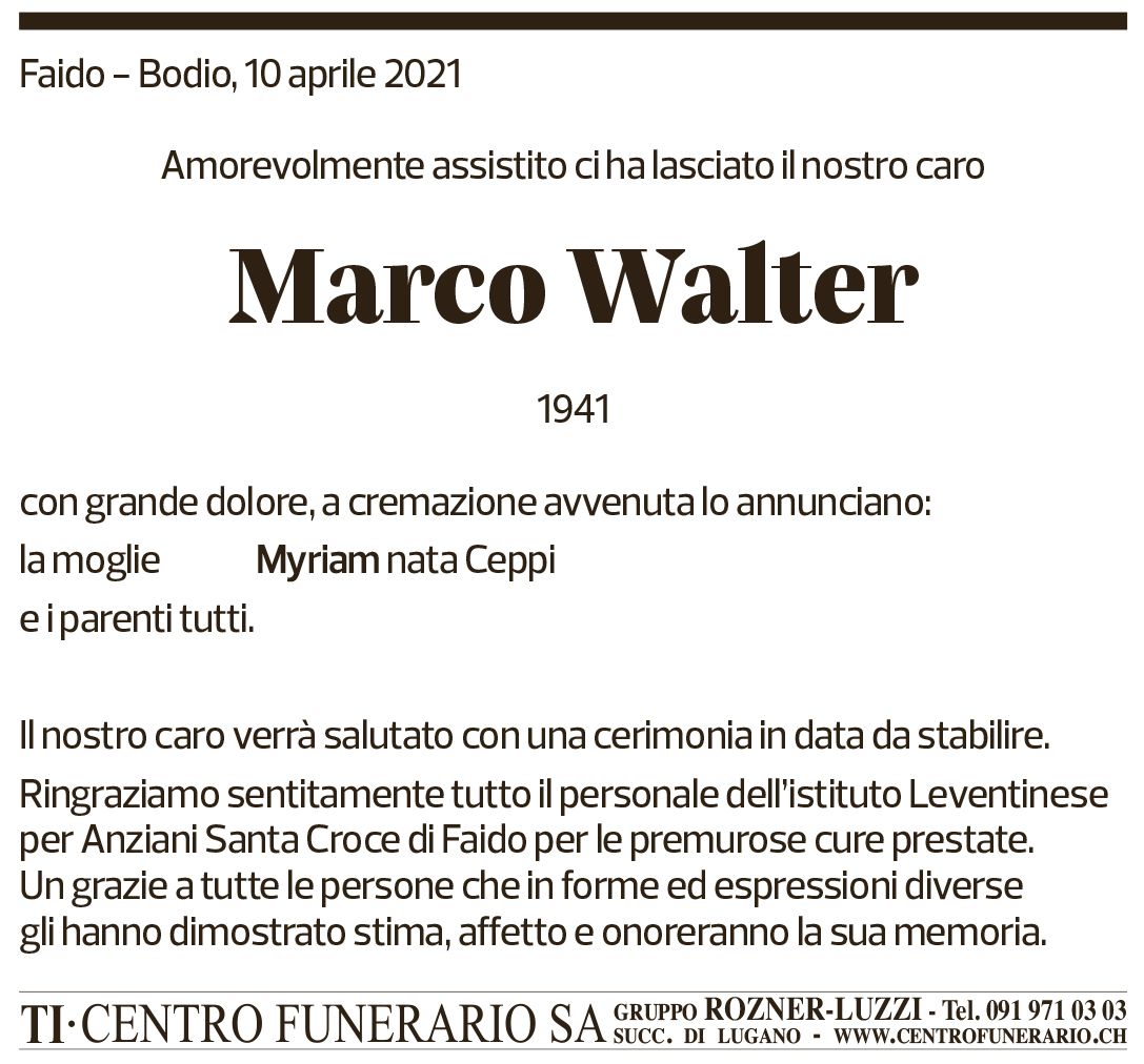 Annuncio funebre Marco Walter