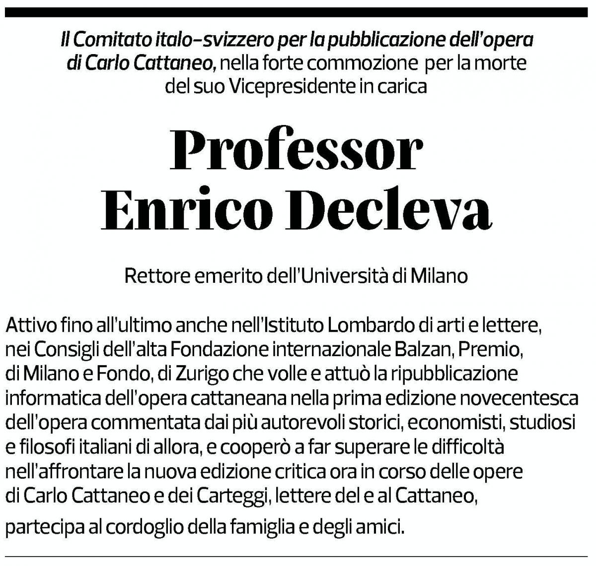Annuncio funebre Professor Enrico Decleva