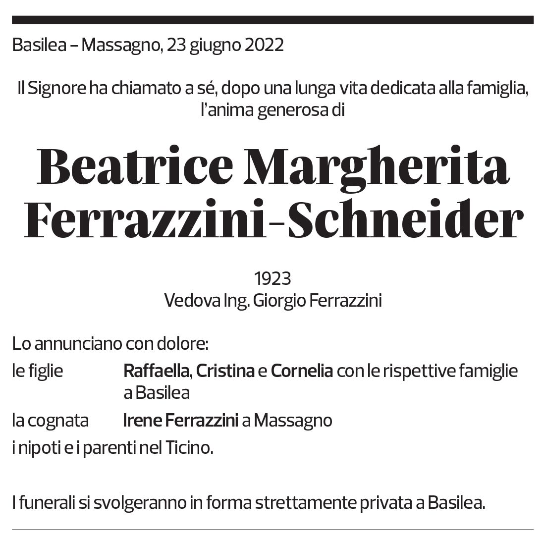 Annuncio funebre Beatrice Margherita Ferrazzini-schneider