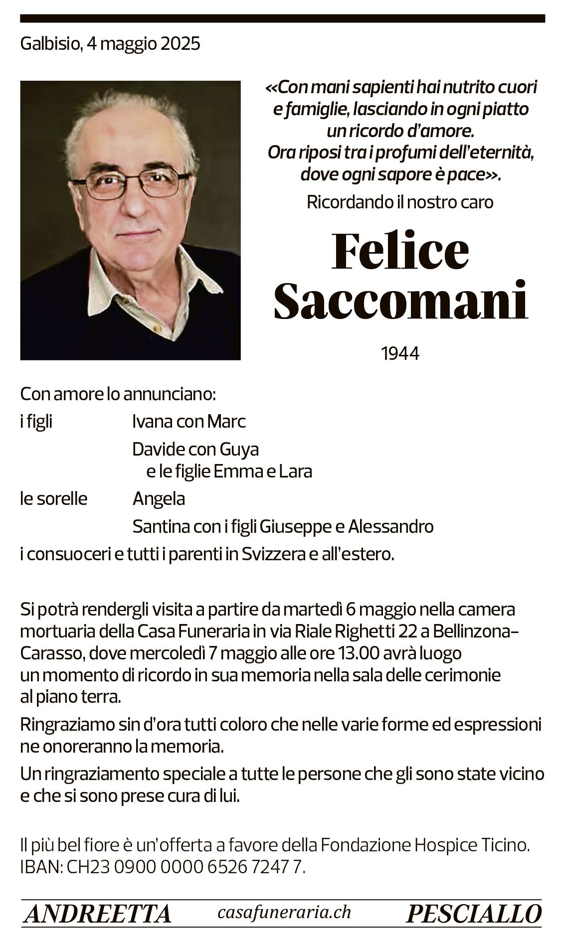 Annuncio funebre Felice Saccomani