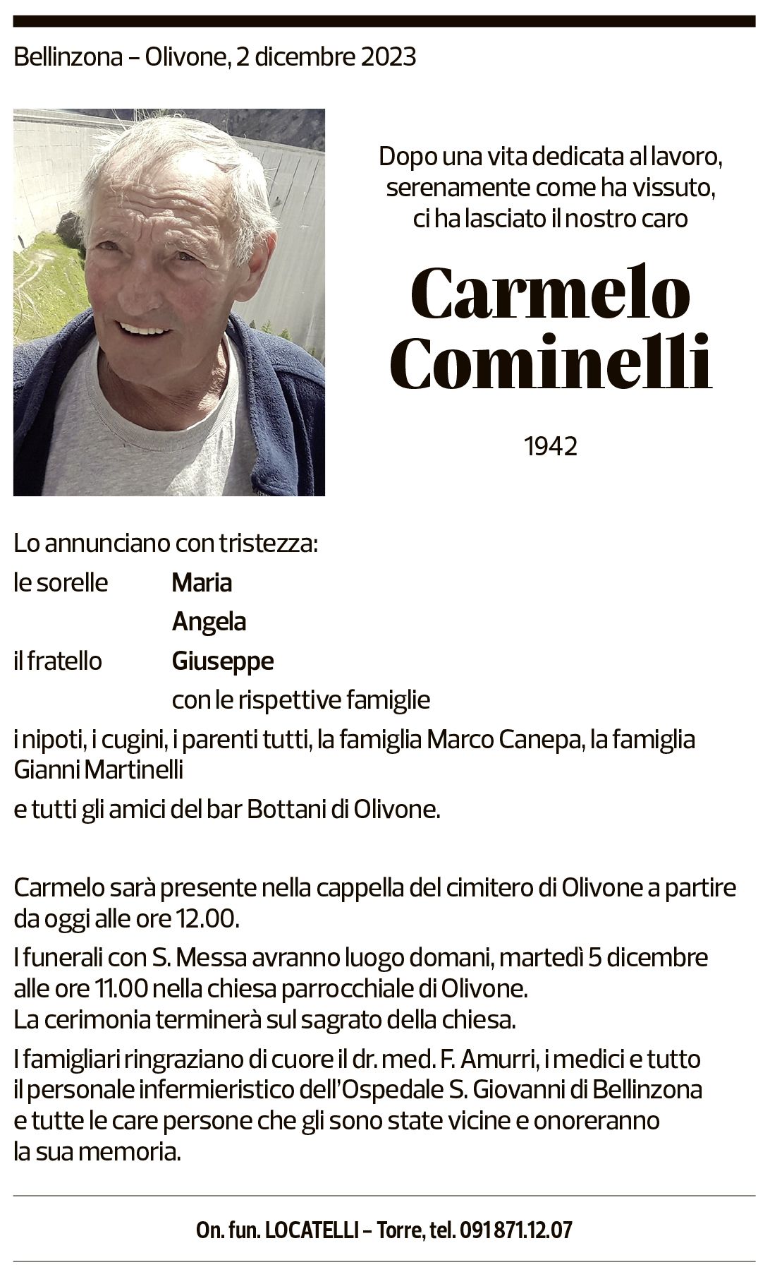 Annuncio funebre Carmelo Cominelli