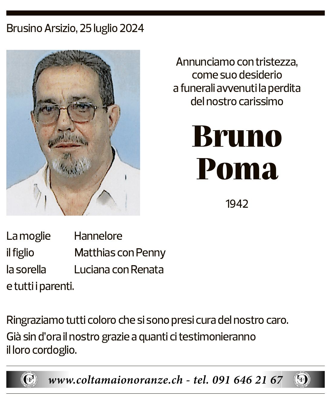 Annuncio funebre Bruno Poma