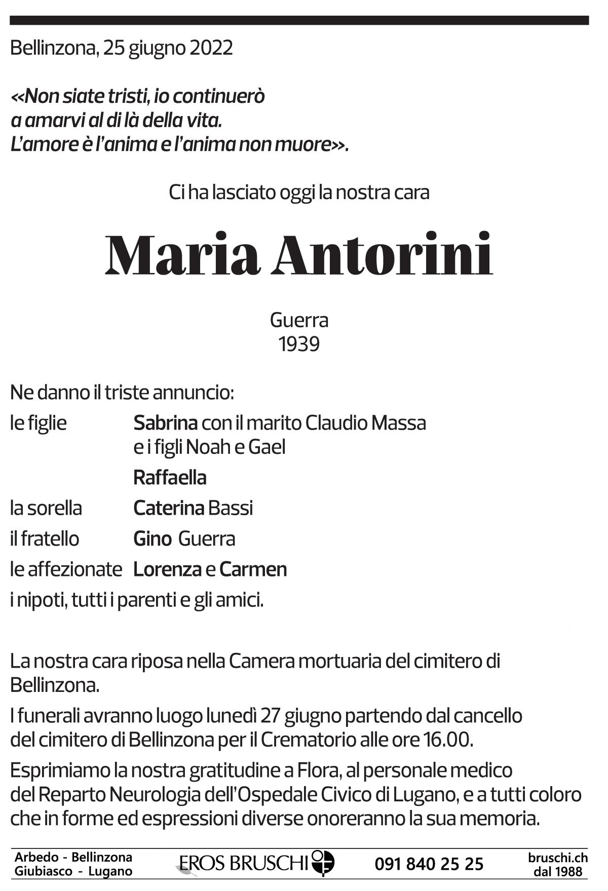 Annuncio funebre Maria Antorini