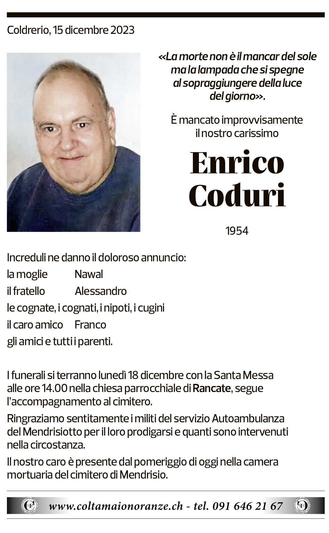 Annuncio funebre Enrico Coduri