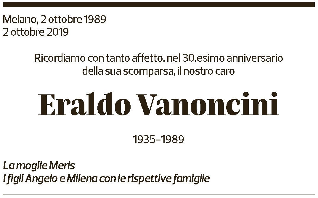Annuncio funebre Eraldo Vanoncini