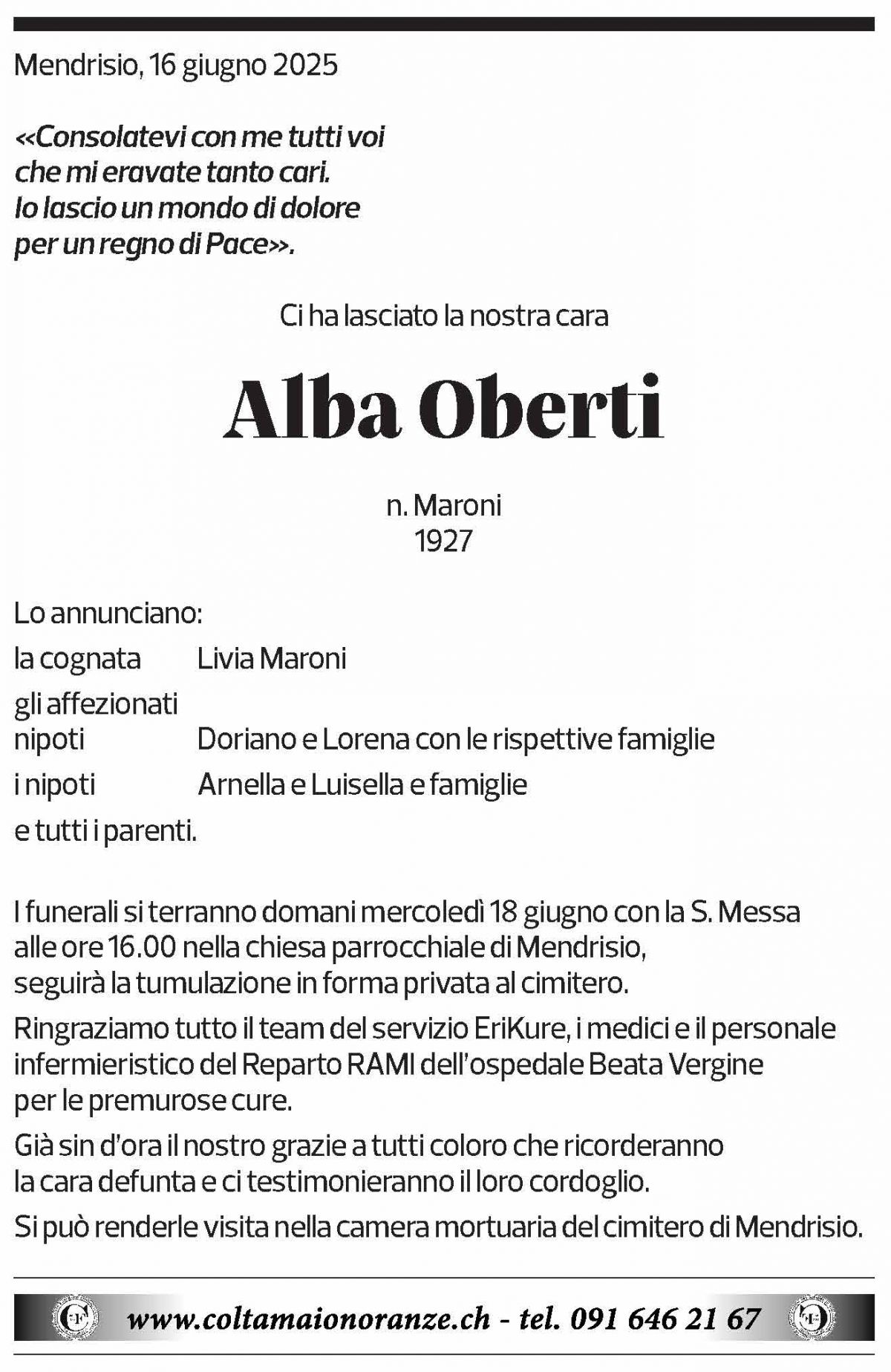 Annuncio funebre Alba Oberti