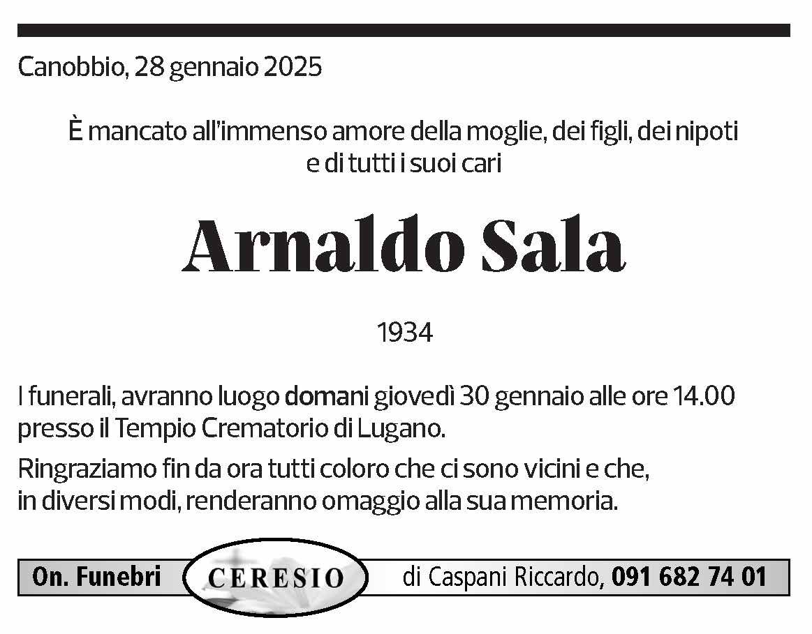 Annuncio funebre Arnaldo Sala