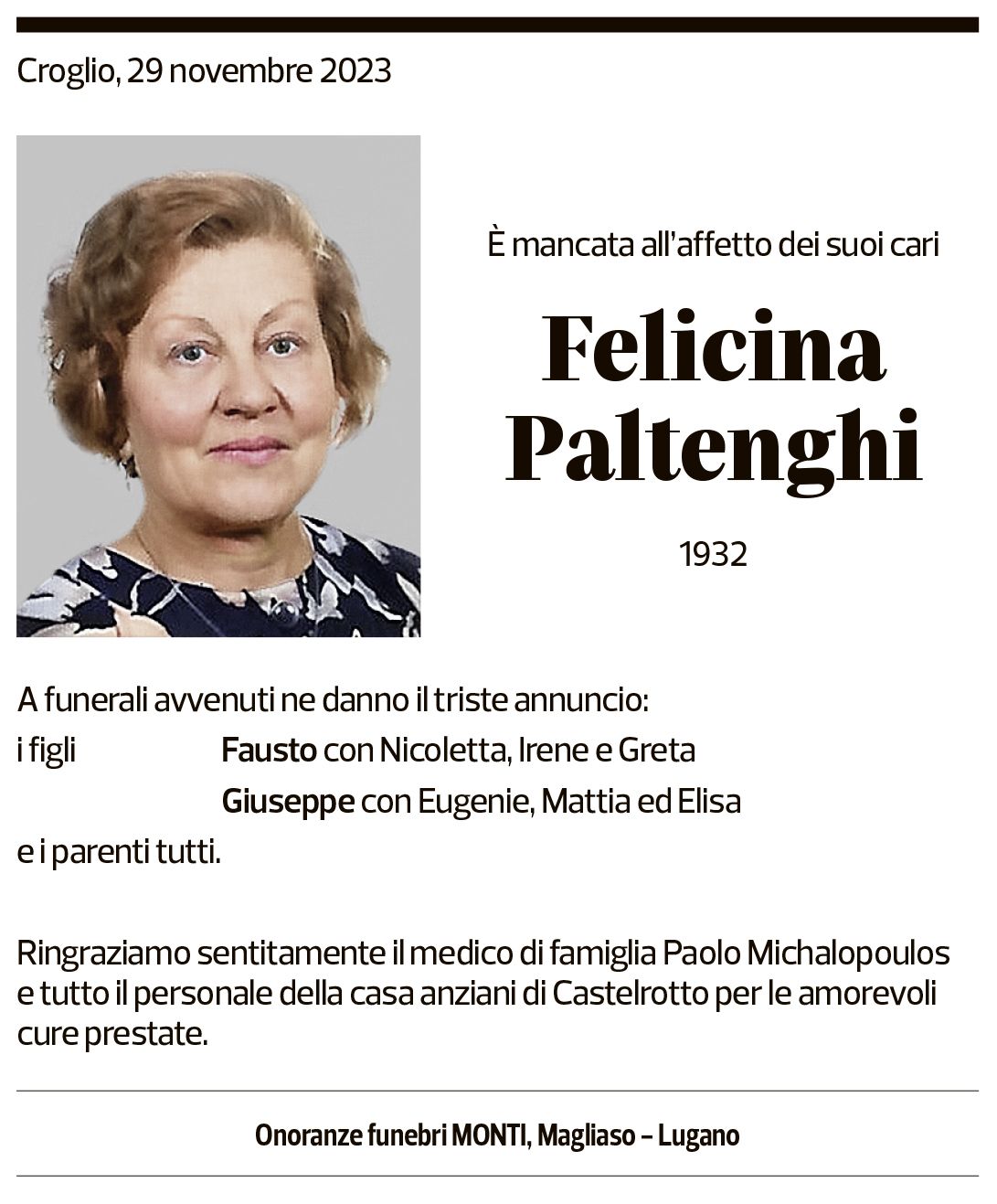 Annuncio funebre Felicina Paltenghi