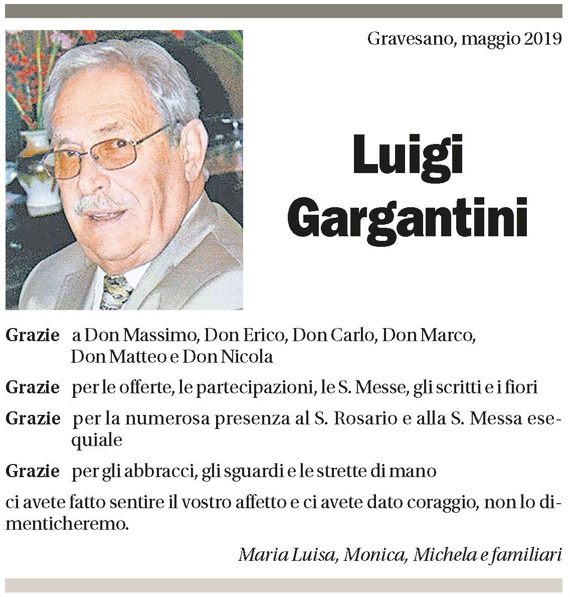 Annuncio funebre Luigi Gargantini