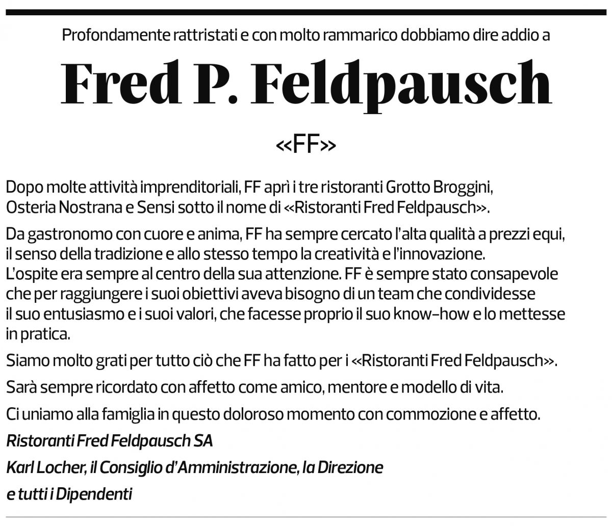 Annuncio funebre Fred P. Feldpausch