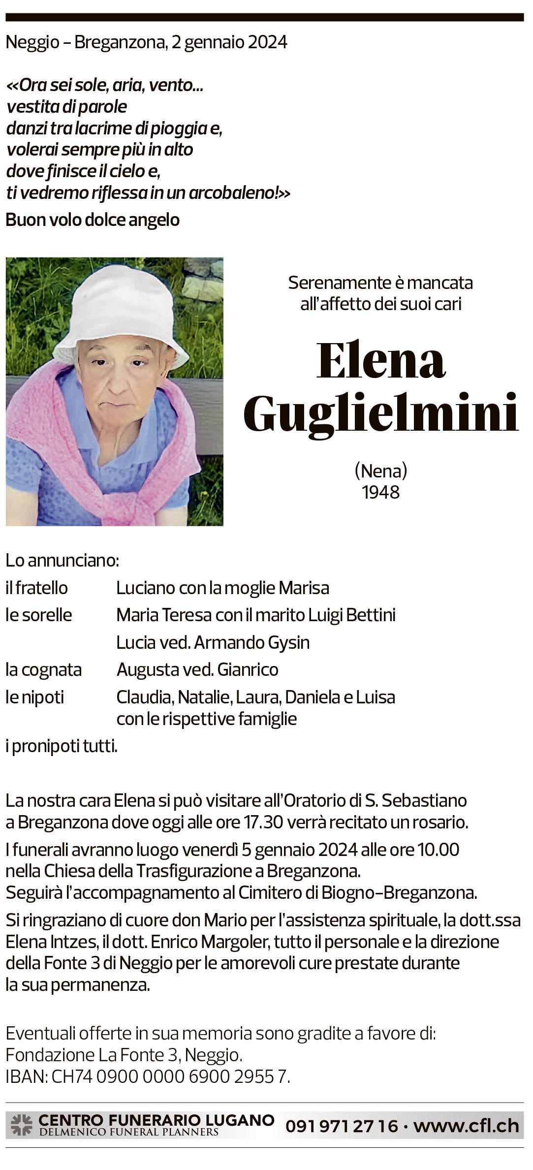 Annuncio funebre Elena Guglielmini