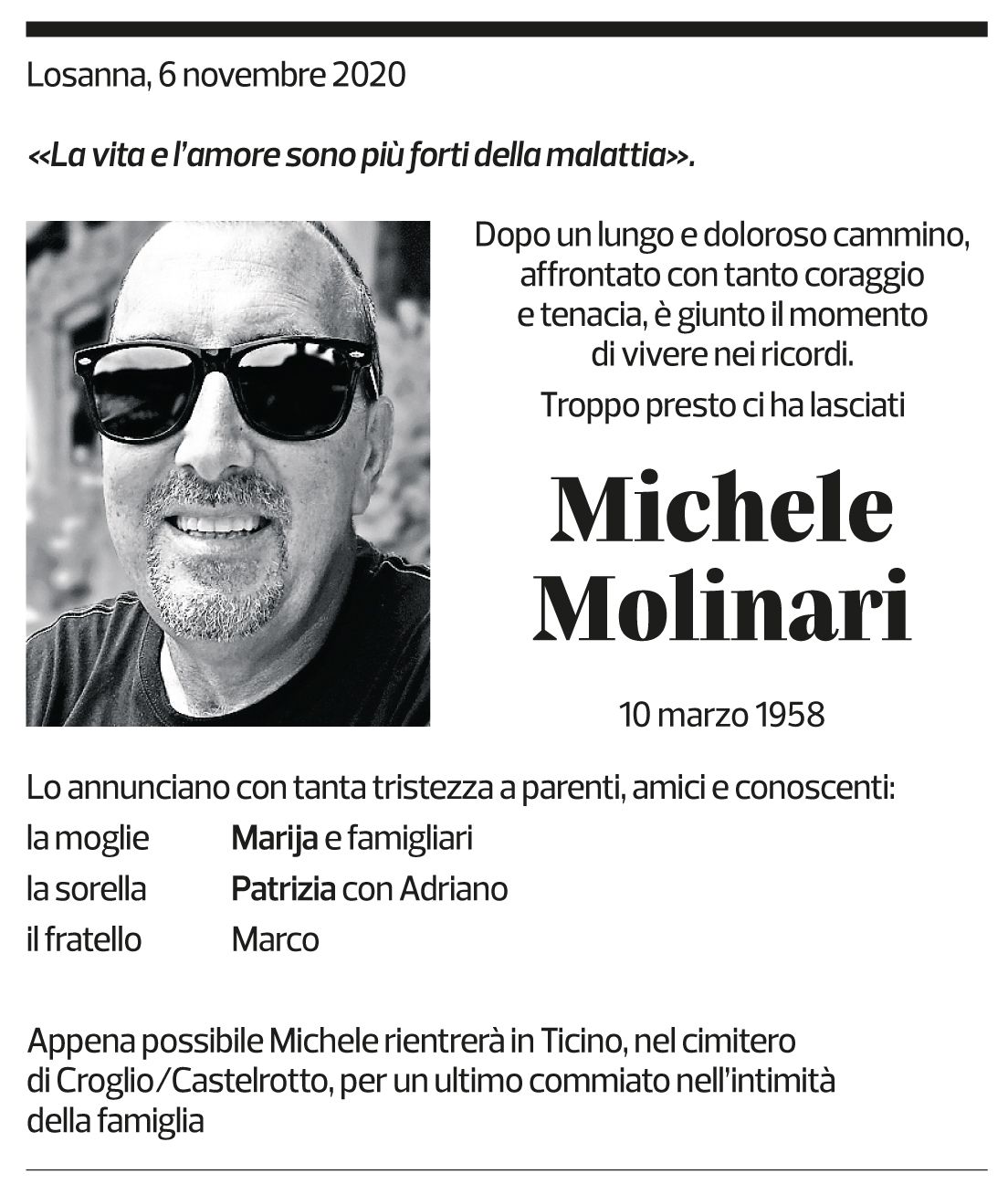 Annuncio funebre Michele Molinari