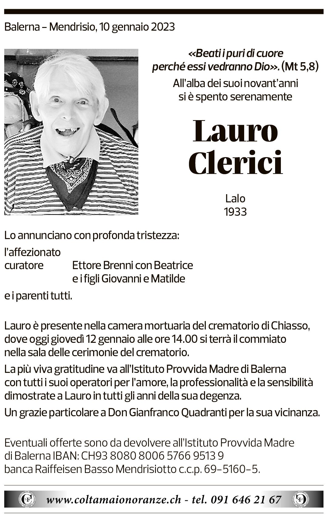 Annuncio funebre Lauro Clerici