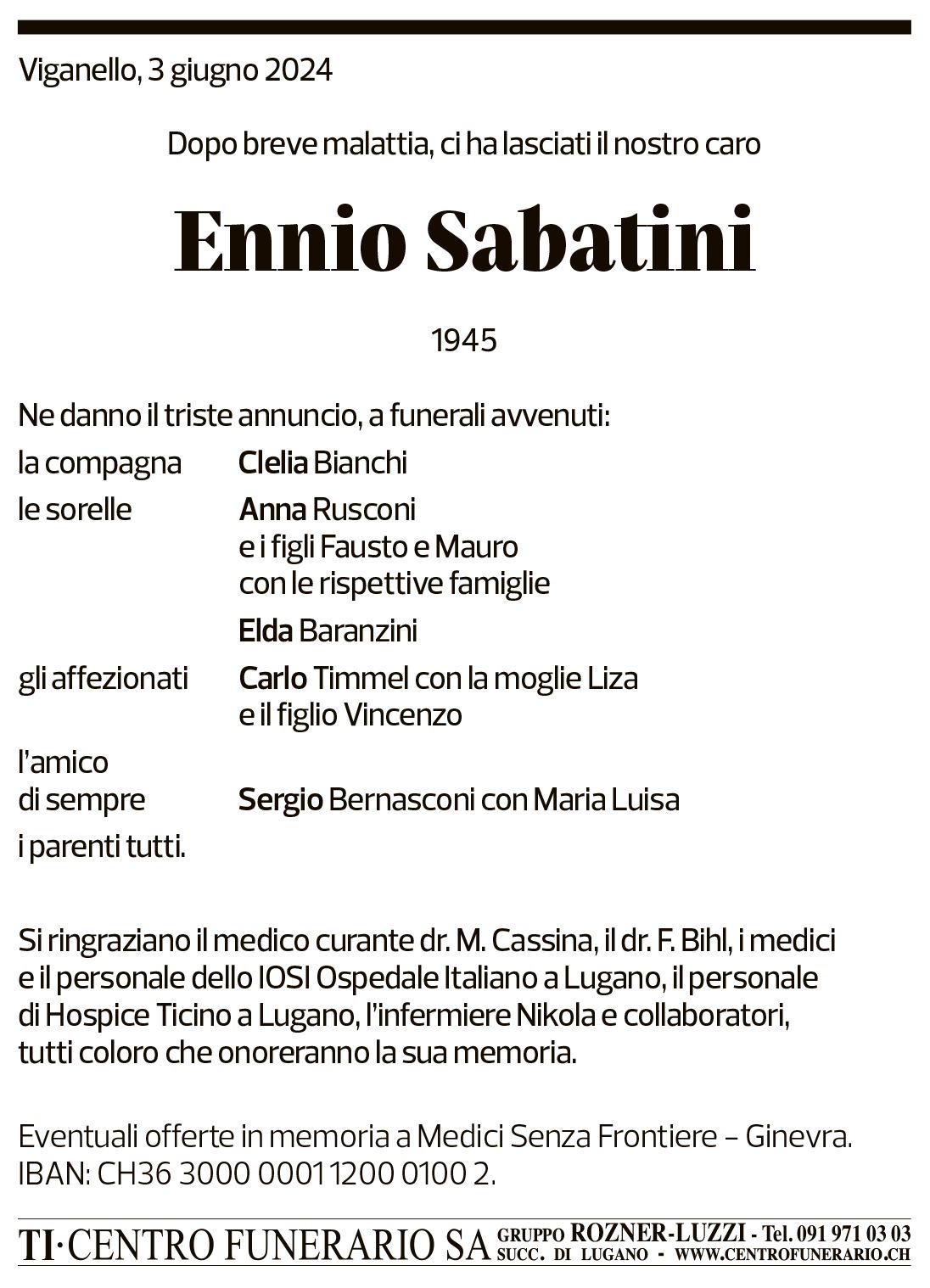 Annuncio funebre Ennio Sabatini