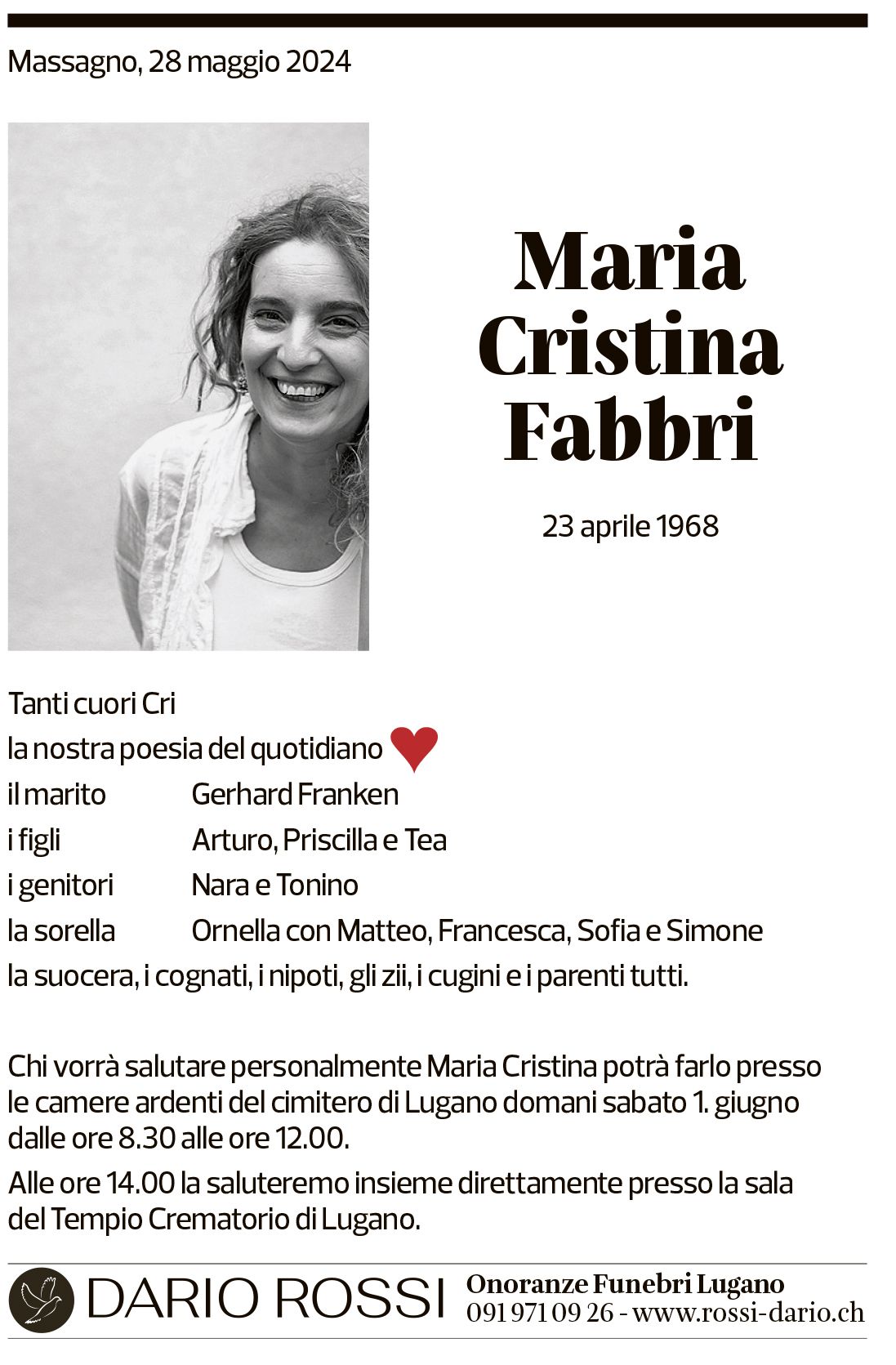 Annuncio funebre Maria Cristina Fabbri